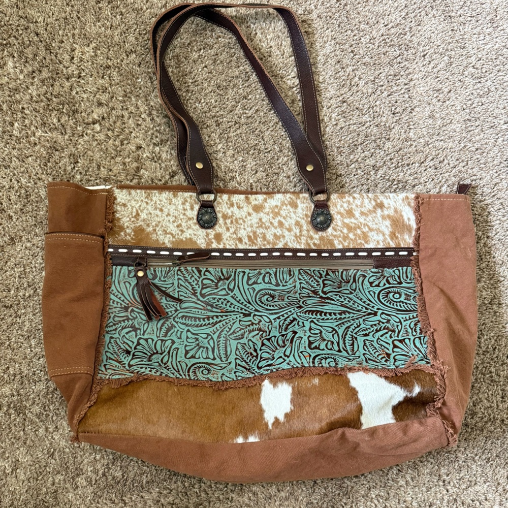 Myra Bag Brown and Blue Tote with Rustic Bohemian Charm
